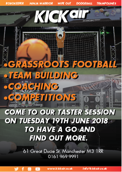 KIckair promotional poster of the Manchester FA taster session.