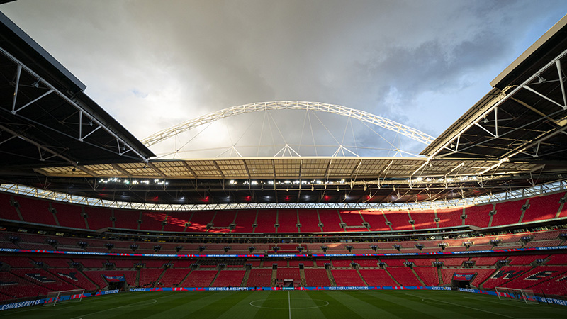 Wembley Stadium photo showing pitch, seats and arch