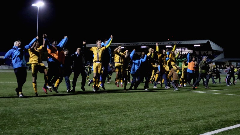 Sutton United celebrate their Emirates FA Cup second round win over Cheltenham