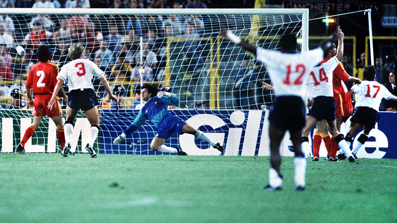 England's David Platt scores against Belgium at the 1990 World Cup in Italy