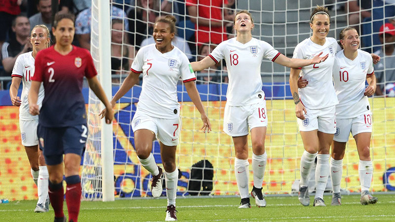 England players celebrate Ellen White's (No18) goal against Norway at France 2019