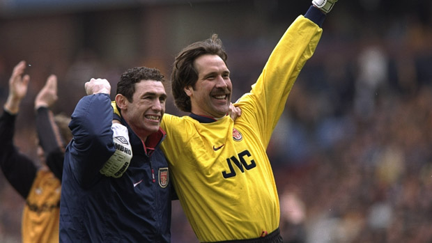 Martin Keown and David Seaman celebrate reaching The FA Cup Final in 1998