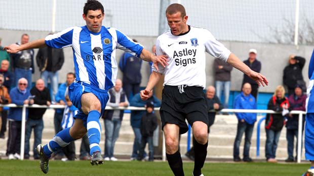 Chris Swailes in action for Dunston UTS during an FA Vase semi-final tie with Staveley MW