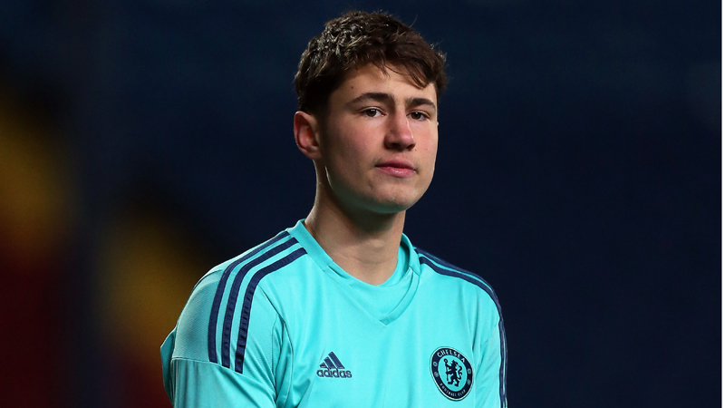 Chelsea goalkeeper Nathan Baxter pictured during The FA Youth Cup semi-final against Blackburn Rovers