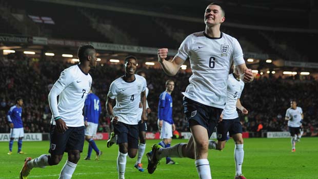 England Under-21s defender Michael Keane celebrates his goal against Finland.