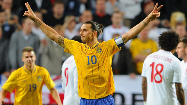 Sweden captain Zlatan Ibrahimovic celebrates the third of his four gaols against England in Solna