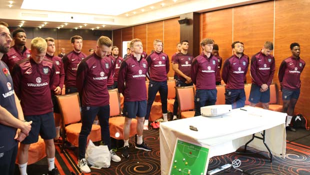 The England Under-21s squad and staff held a two-minute silence on Armistice Day in Sarajevo
