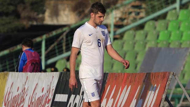 Jack Stephens leaves the pitch in Sarajevo after his red card against Bosnia-Herzegovina