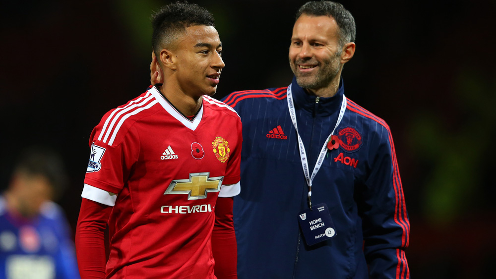 Jesse Lingard is congratulated by Ryan Giggs after his goalscoring performance