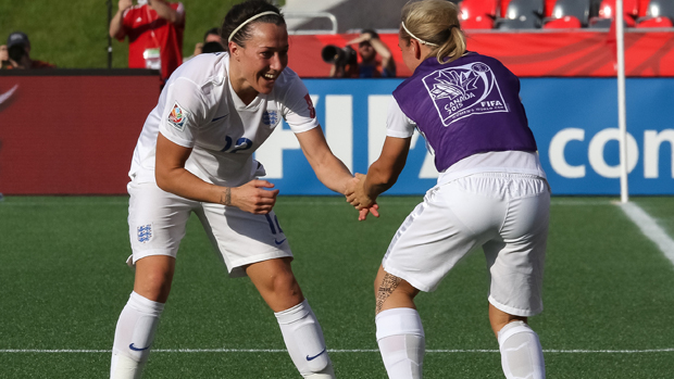 Lucy Bronze (left) celebrates with Jordan Nobbs after scoring the winner against Norway at the 2015 World Cup