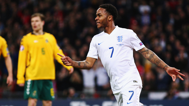Raheem Sterling celebrates his first goal for England