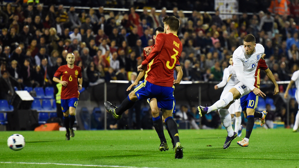 Ross Barkley fires a shot on the Spain goal