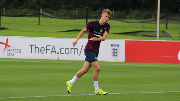 England Under-21s forward Solly March whistles a shot at goal in training