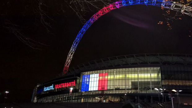 The Wembley Arch is lit with Le Tricolore