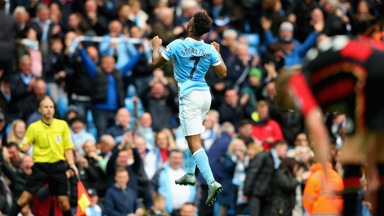 Raheem Sterling celebrates his first hat-trick for Manchester City