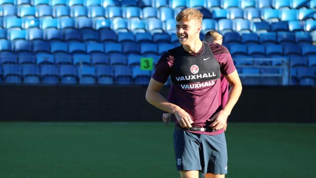 England Under-21s defender Calum Chambers training on the pitch in Drammen.