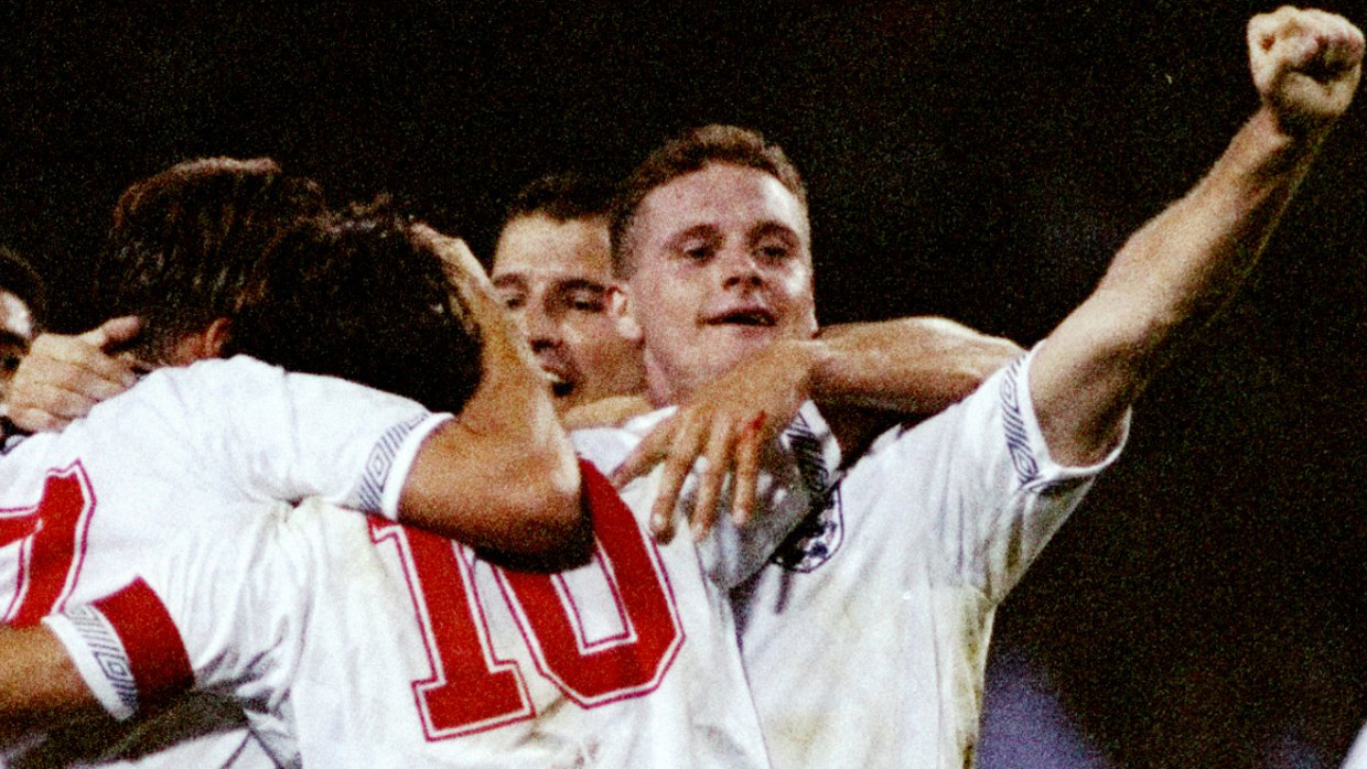 Paul gascoigne celebrates scoring a goal hi-res stock photography and