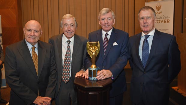 George Cohen, Gordon Banks, Martin Peters and Sir Geoff Hurst with the Jules Rimet trophy
