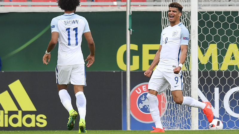 Dominic Solanke celebrates after doubling England Under-19s