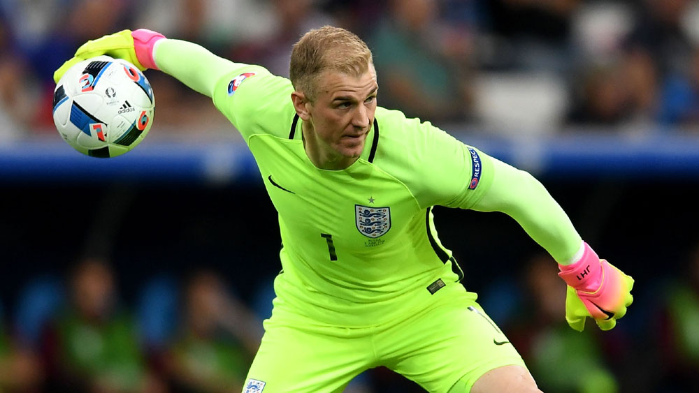Joe Hart bowls the ball out against Russia