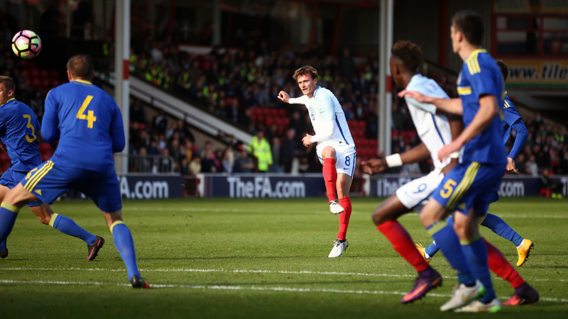 John Swift strikes home the first goal for England U21s against Bosnia & Herzegovina