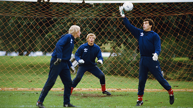 England goalkeepers (from left to right) Gary Bailey, Chris Woods and Peter Shilton pictured in training circa 1984