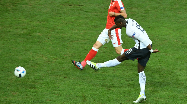 Paul Pogba unleashes a long-range effort against Switzerland