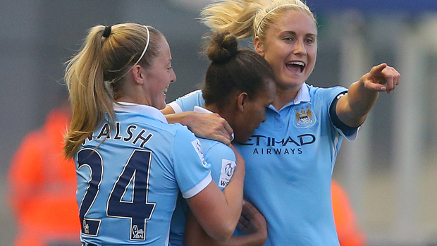 Keira Walsh (left) and Steph Houghton (right) congratulate Nikita Parris on her goal against Notts County