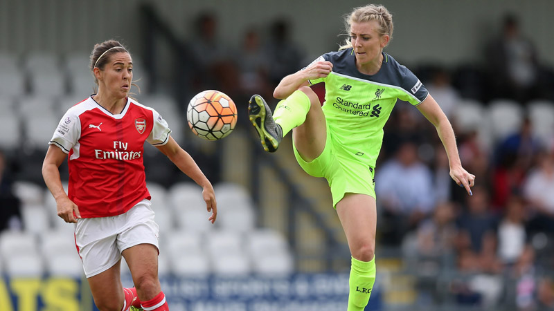 Vicky Losada of Arsenal and Kate Longhurst of Liverpool in action during the WSL clash on Sunday