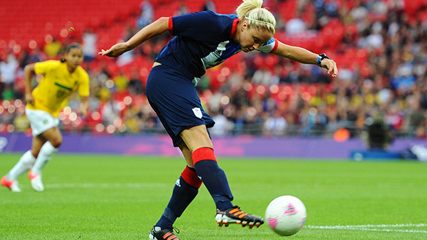 Stephanie Houghton scores the opening goal against Brazil on Day 4 of the London 2012 Olympic Games at Wembley Stadium 