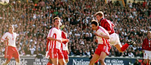 England's Paul Scholes completes a hat-trick against Poland in March 1999.