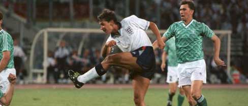 Gary Lineker scores against West Germany in the 1990 World Cup semi-final.