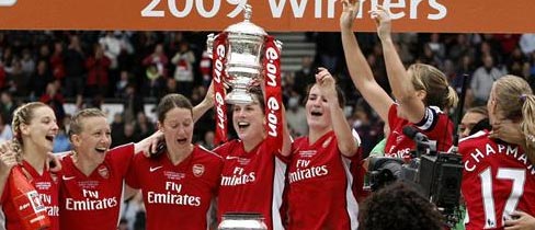 Arsenal players celebrate winning last season's FA Women's Cup, beating Sunderland in The Final at Pride Park.