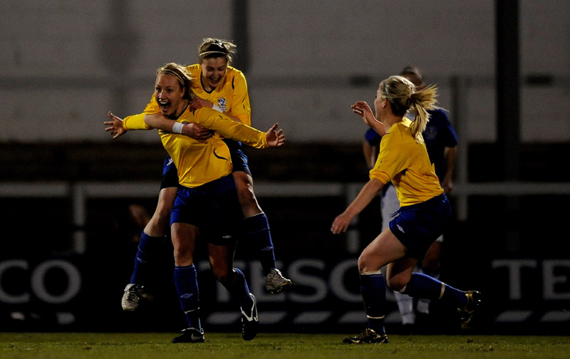 Katie Holtham celebrates firing Leeds ahead in The Final of The FA Tesco Women's Premier League Cup.
