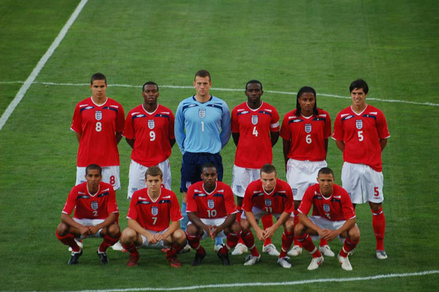 The England team line up ahead of the game in Greece.