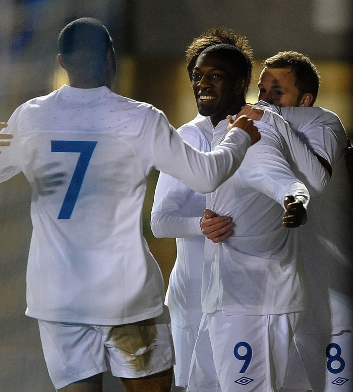 England celebrate their opening goal against France.