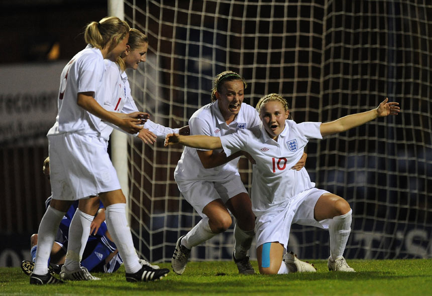 Isobel Christiansen (No.10) celebrates after scoring against Slovakia.