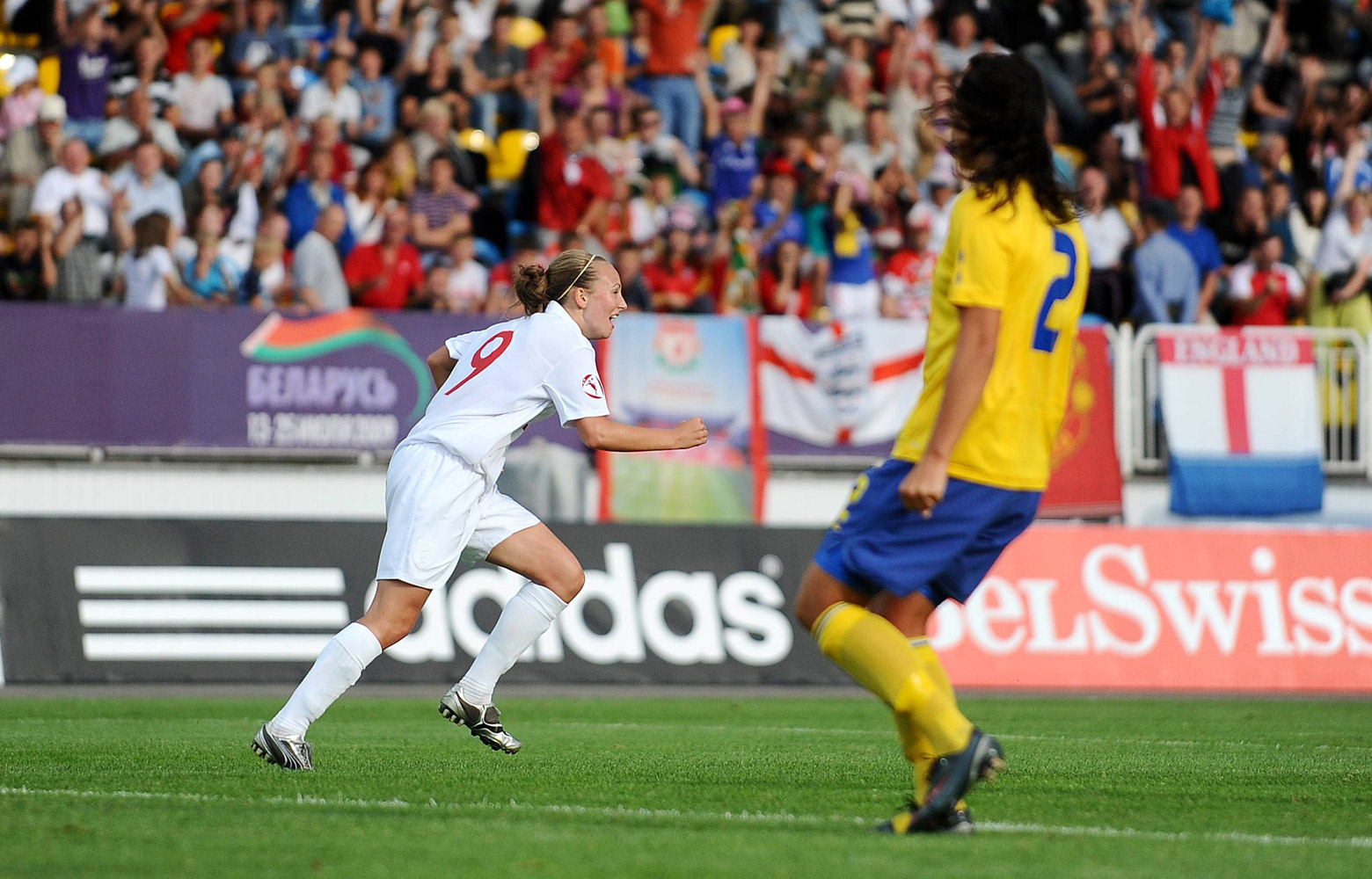 Toni Duggan wheels away in delight after giving England the lead in the European Championship Final (image courtesy of Sportsfile).