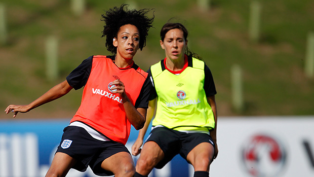 Jess Clarke and Fara Williams train at St. George's Park
