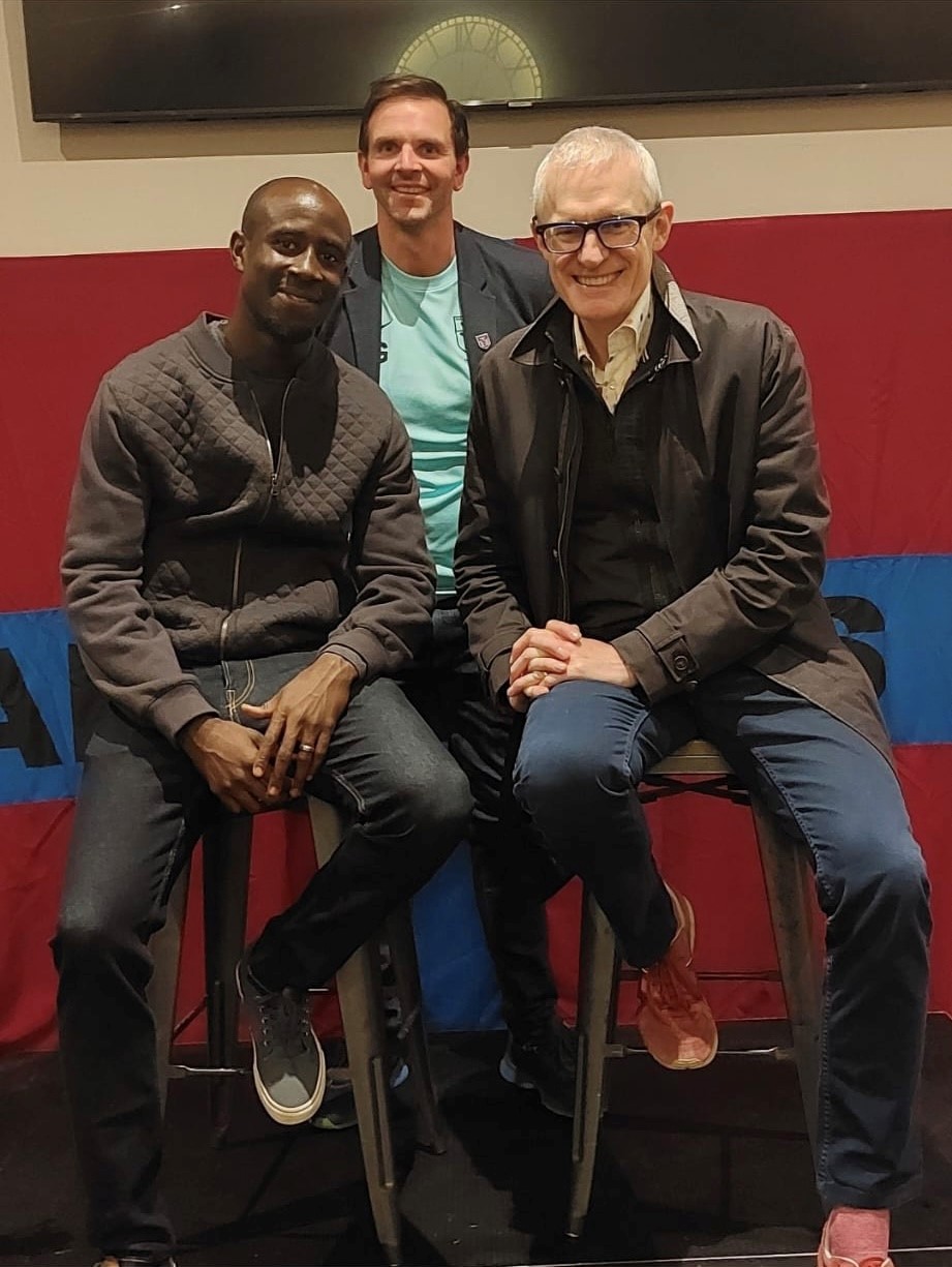 Ed Glover (Old Meadonians) with Albert Adomah (left) and Jeremy Vine (right)