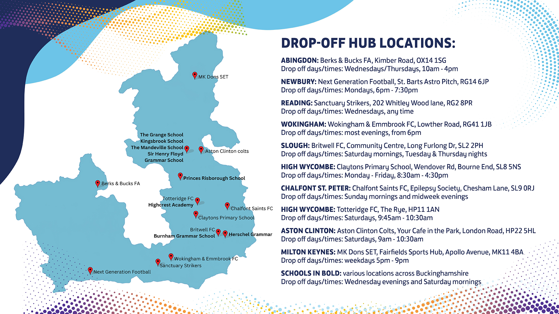 A map of locations across the region accepting donations as part of our Footwear & Kit Drive