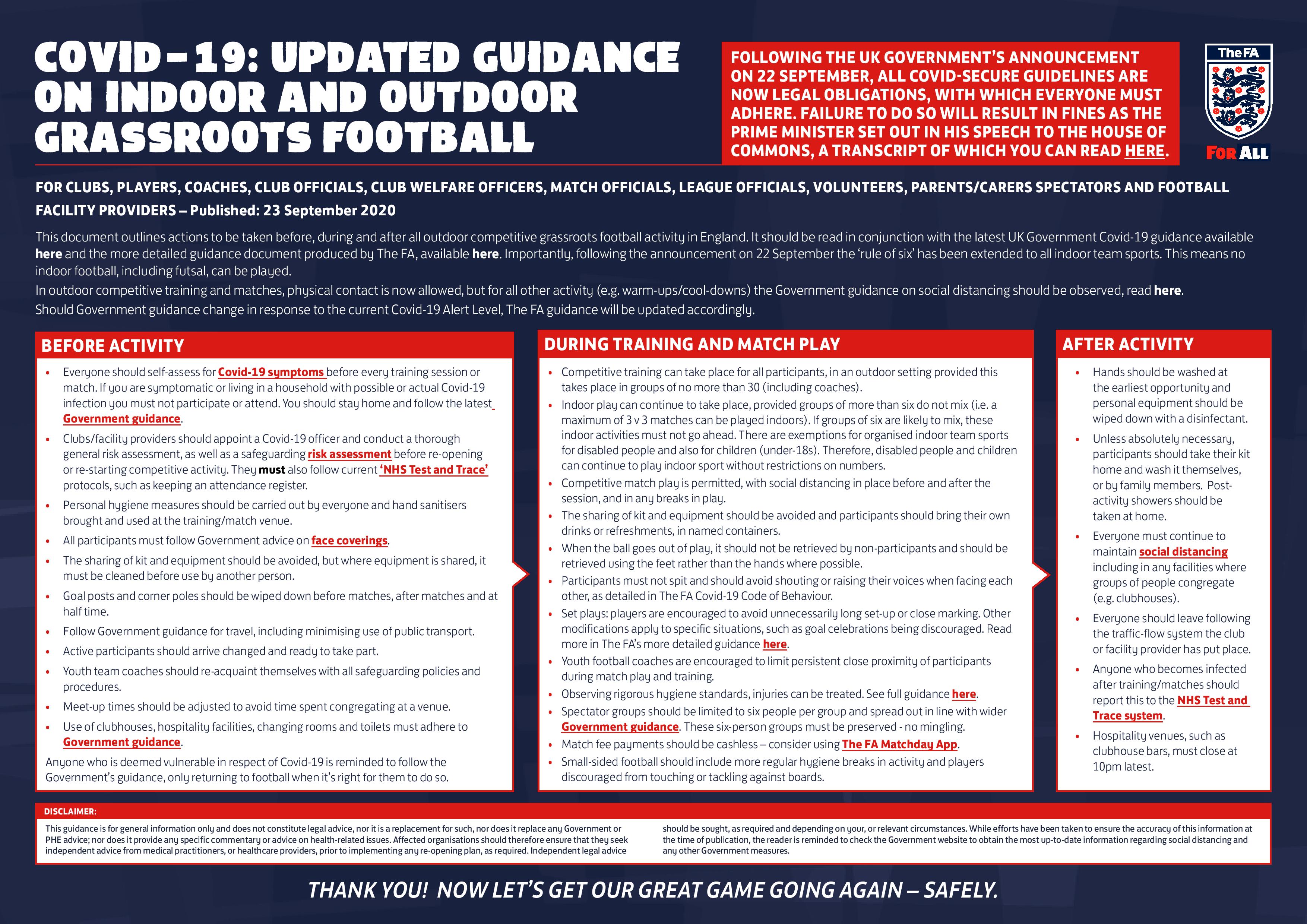 Guidance on Indoor and Outdoor Football Summary (23rd September)