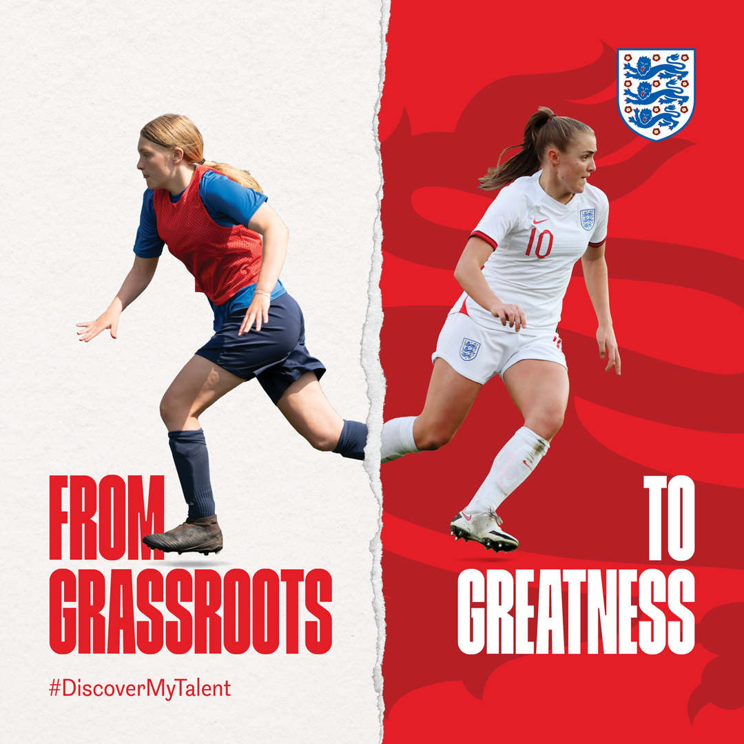 England Football graphic with grassroots female player on the left and England Lioness on the right. The text reads 'from grassroots to greatness.'