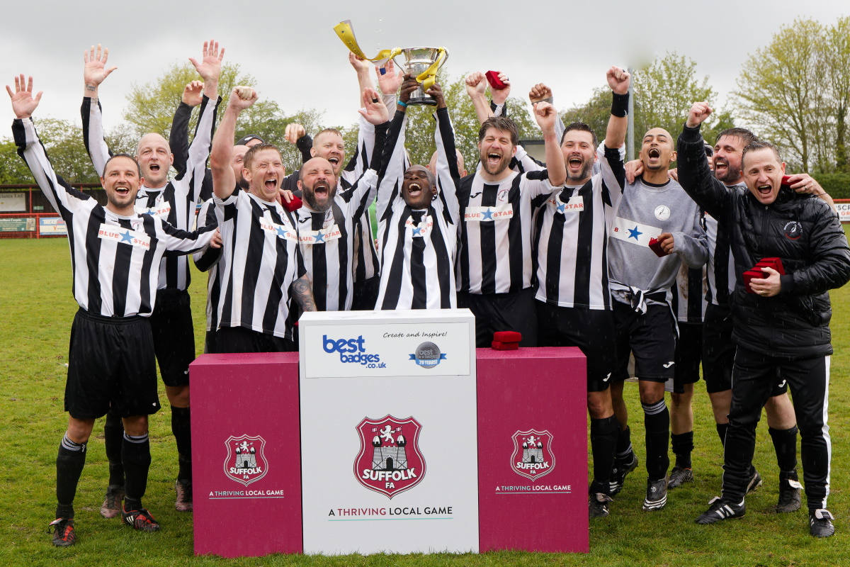 Vets Cup Final Haverhill Rovers red Woodbridge black white April 2023 1