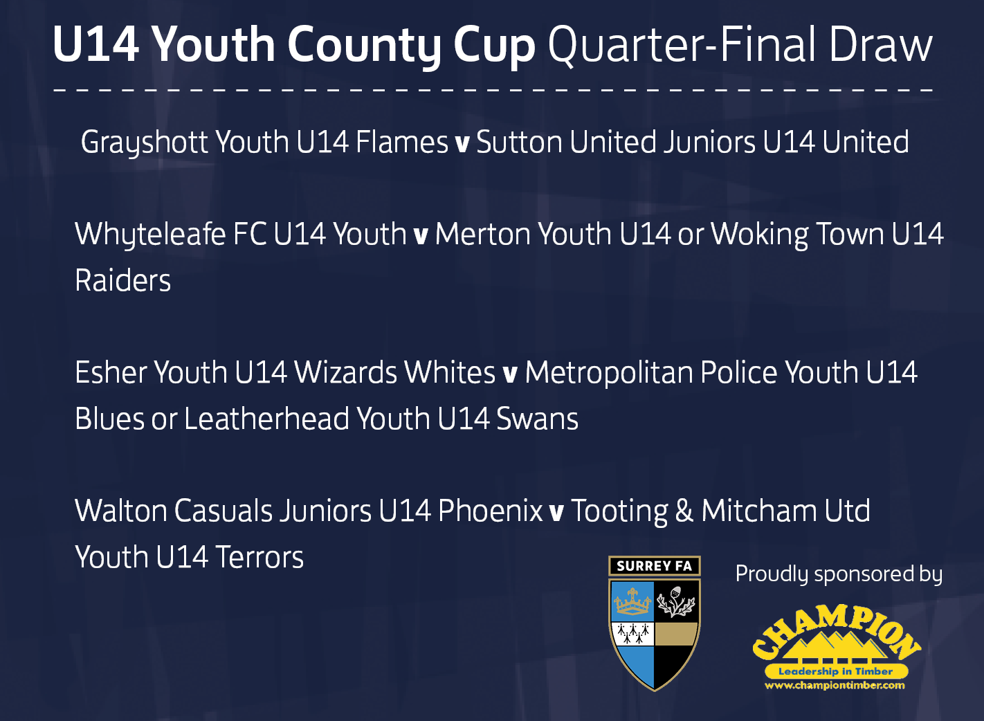 Surrey U14 Youth County Cup quarter final draw