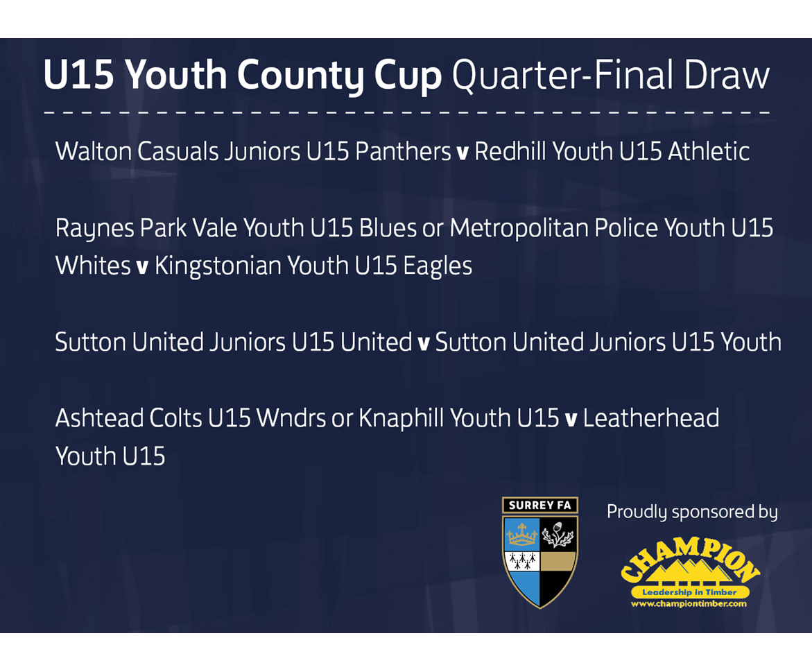 Surrey U15 Youth County Cup quarter final draw
