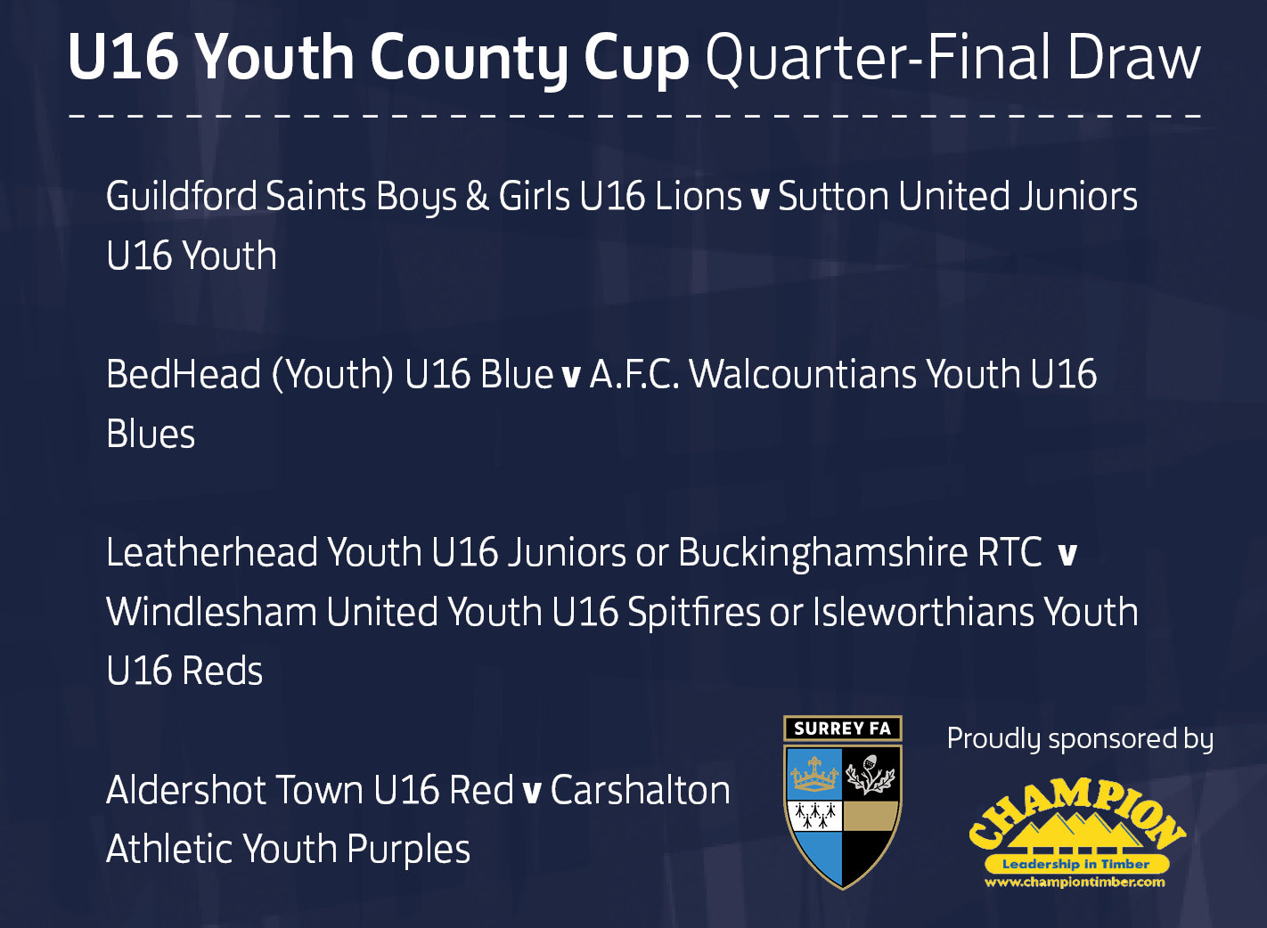 Surrey U16 Youth County Cup quarter final draw
