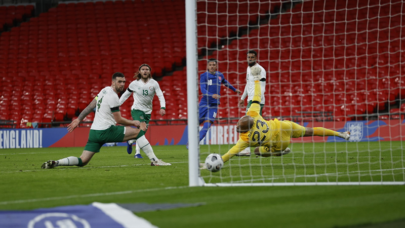 England's Jadon Sancho scores against Ireland