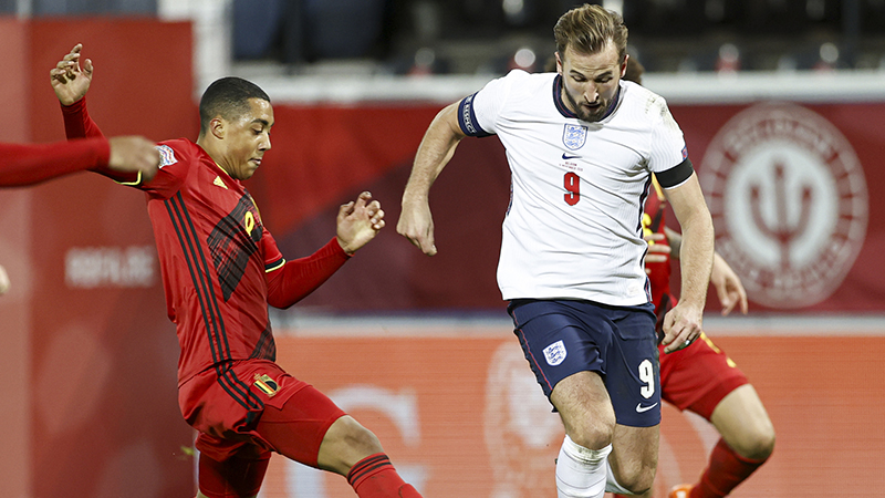 England's Harry Kane attacking Belgium