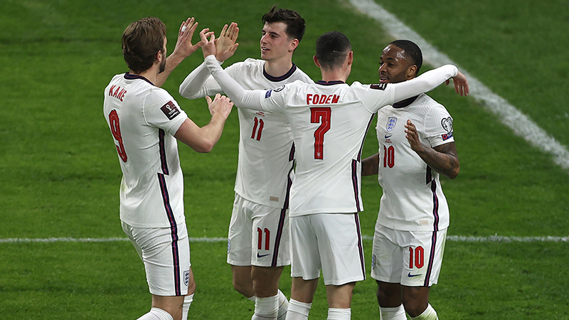 England celebrate Mason Mount's goal in Albania